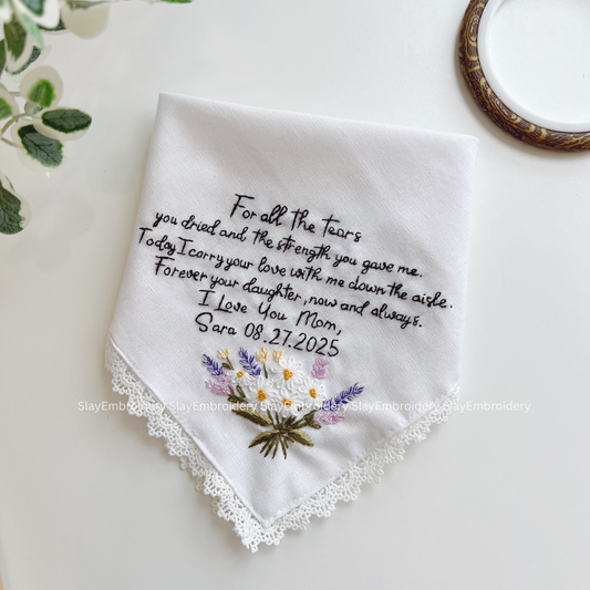 Lavender Daisy Bouquet Wedding Handkerchief, Custom Embroidered Handkerchief, Linen Handkerchiefs