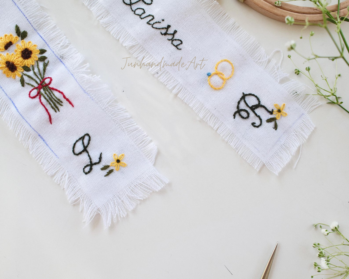 Personalized Embroidered Wedding Ribbon – Custom Linen Tie for Bouquet or Hair, Hand-stitched with Names & Date, Bridal Keepsake Gift