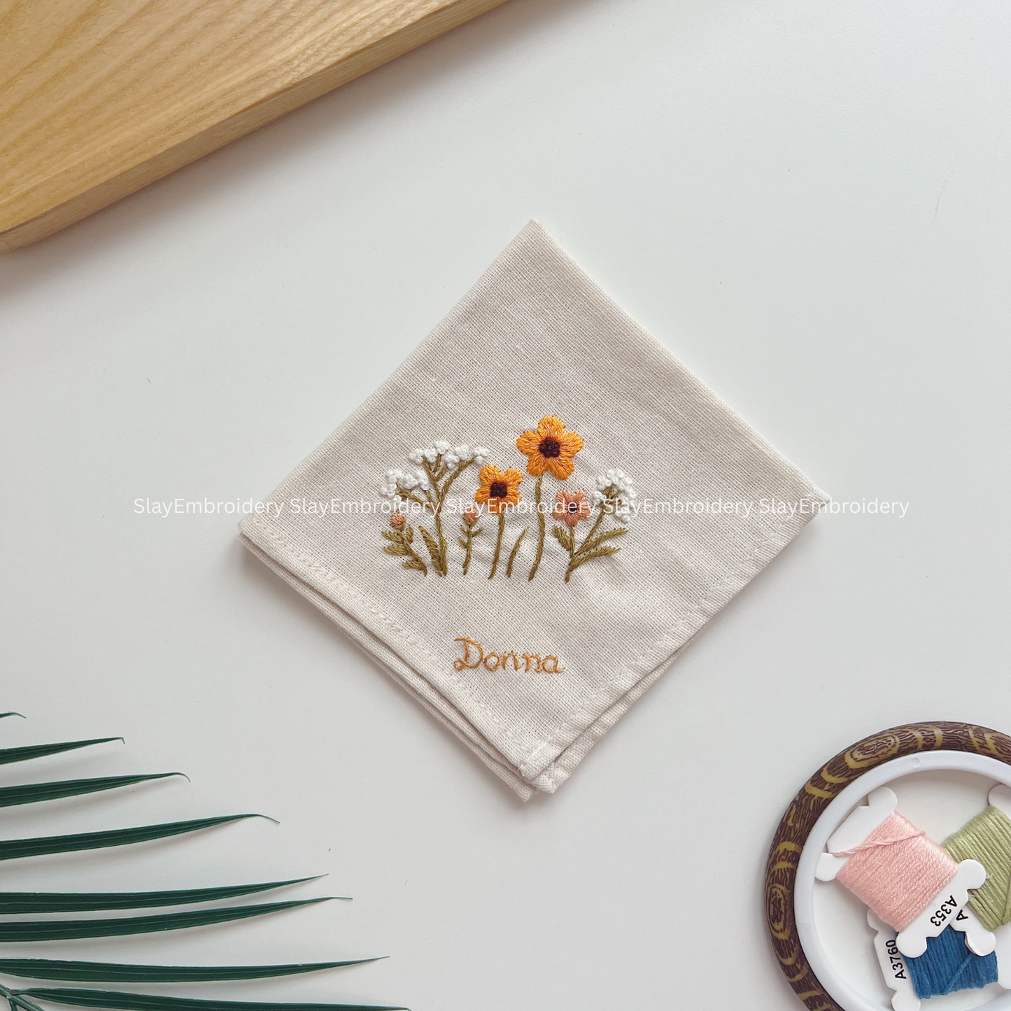 Daisy Sunshine Wedding Handkerchief, Custom Embroidered Handkerchief