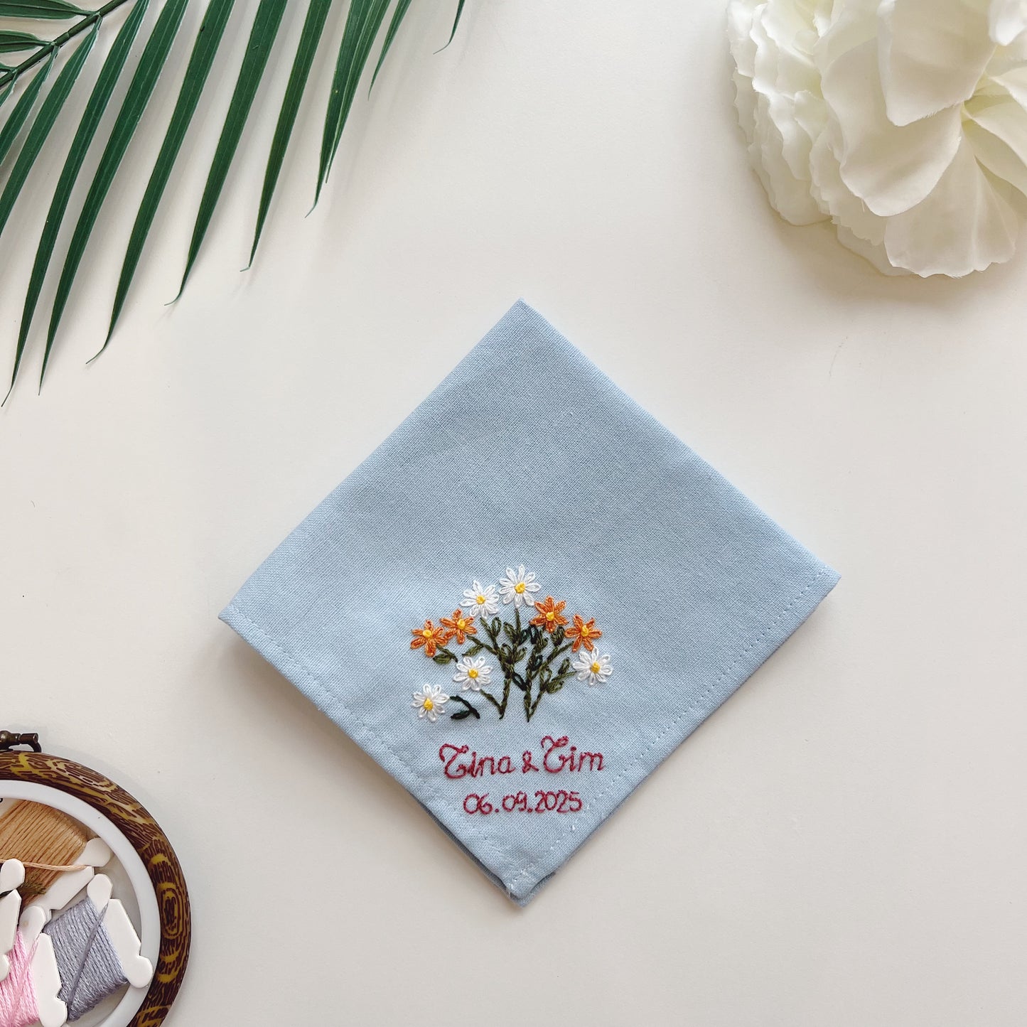 Timeless Carnation Wedding Handkerchief, Custom Embroidered Handkerchief