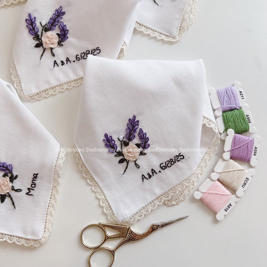 Small 3D Rose Lavender Wedding Handkerchief, Custom Embroidered Handkerchief, Linen Handkerchiefs