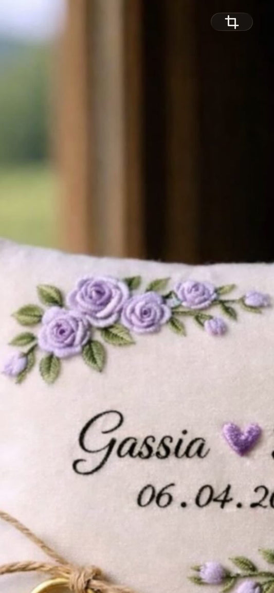 Custom Wedding Purple Roses Bearer Pillow Linen Wedding Cushion Hand Embroidery Ring Holder Floral Ring Pillow Wedding Gift