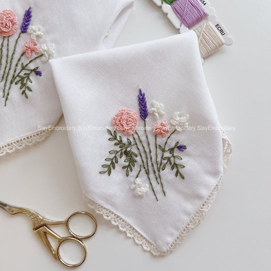 3D Rose Lavender Daisy Wedding Handkerchief, Custom Embroidered Handkerchief, Linen Handkerchiefs