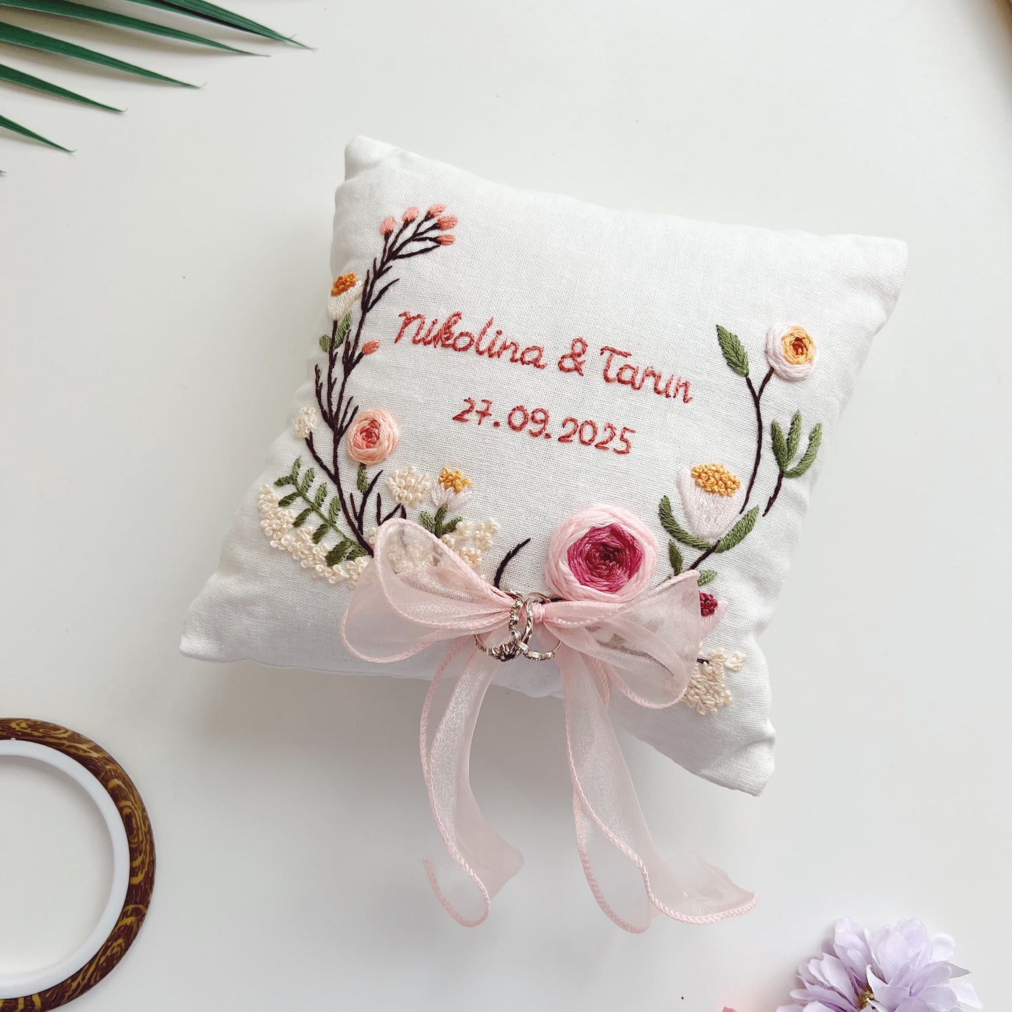 Custom Dusty Pink Roses Embroidered Ring Bearer Pillow Linen Wedding Cushion Hand Embroidery Ring Holder Floral Ring Pillow Wedding Gift