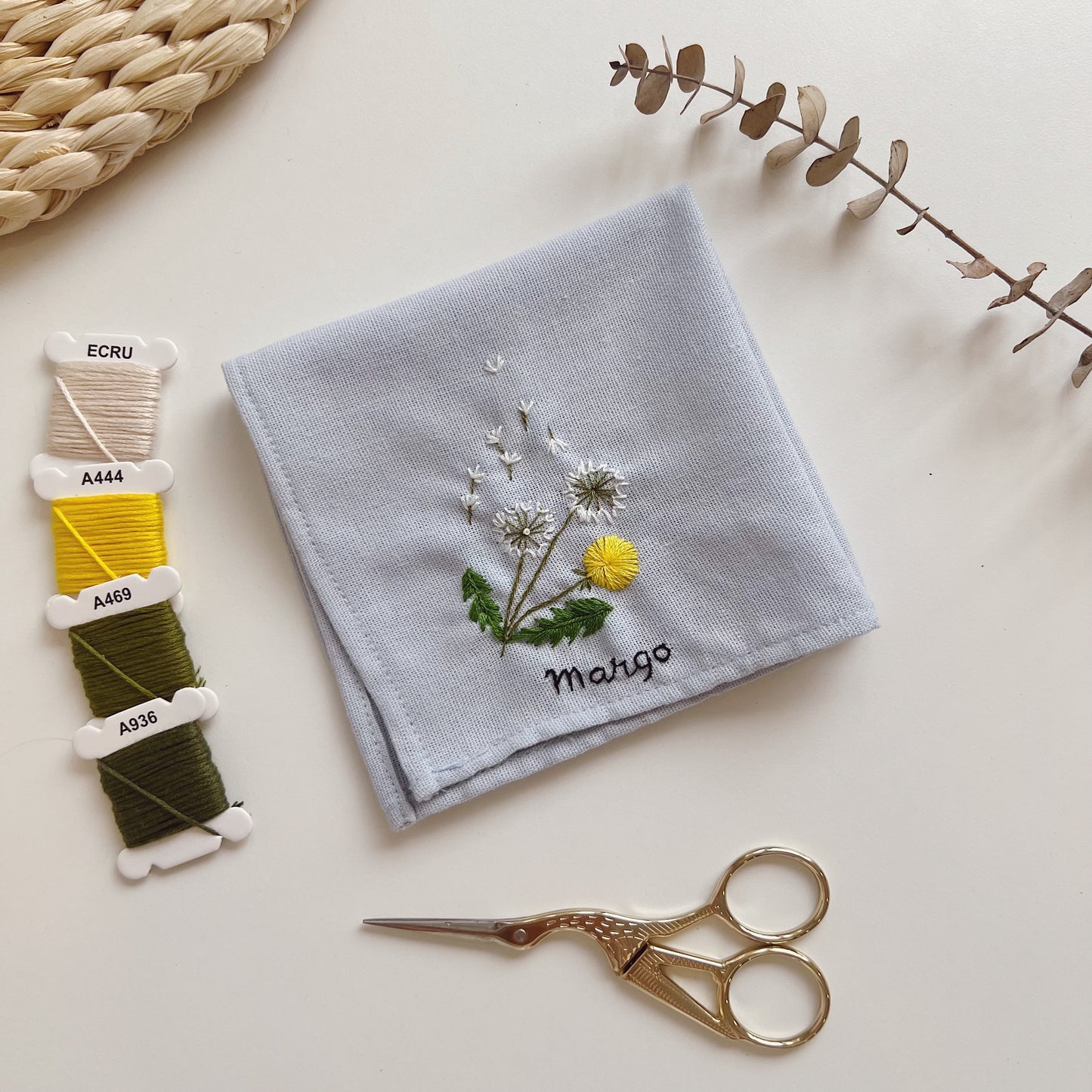 Dandelion Flowers Wedding Handkerchief, Custom Embroidered Handkerchief