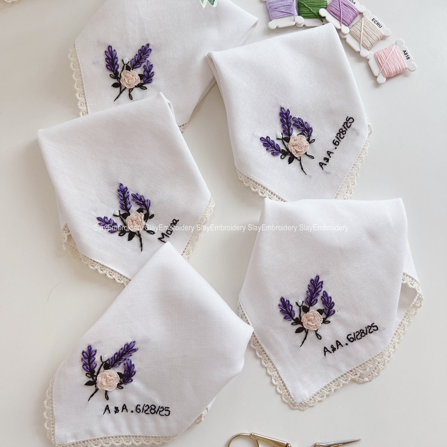 Small 3D Rose Lavender Wedding Handkerchief, Custom Embroidered Handkerchief, Linen Handkerchiefs