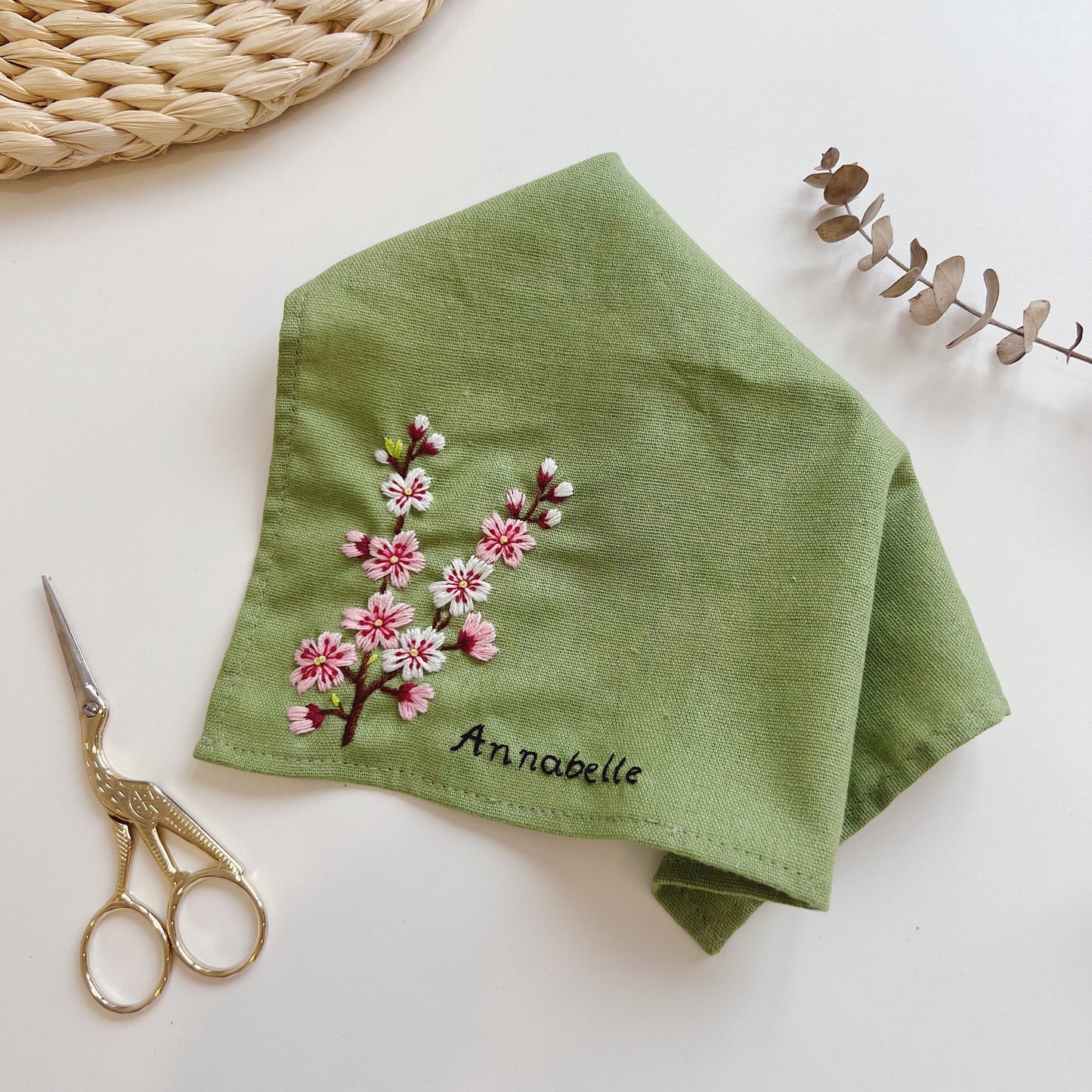 Cherry Blossoms Flowers Wedding Handkerchief, Custom Embroidered Handkerchief