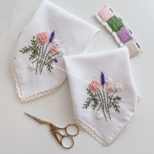 3D Rose Lavender Daisy Wedding Handkerchief, Custom Embroidered Handkerchief, Linen Handkerchiefs