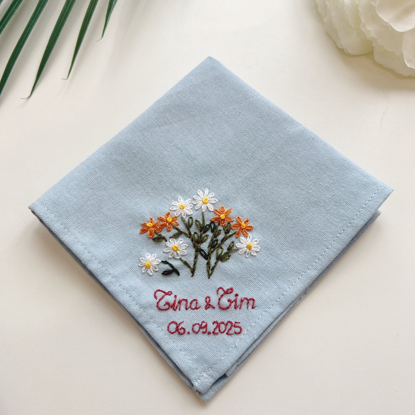 Timeless Carnation Wedding Handkerchief, Custom Embroidered Handkerchief