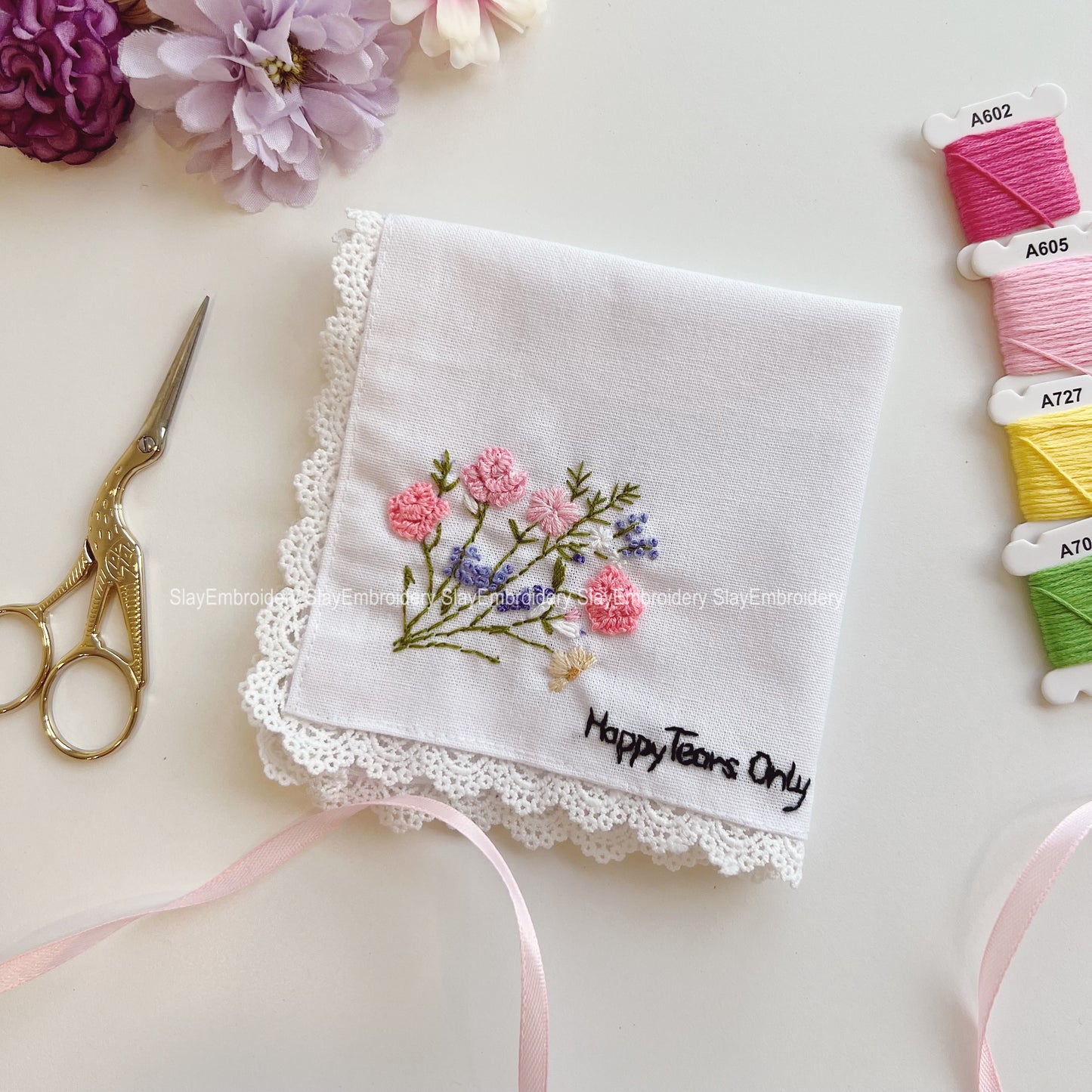 3D Rosed Flowers Blush Garden Dreams Wedding Handkerchief, Custom Embroidered Handkerchief, Linen Handkerchiefs