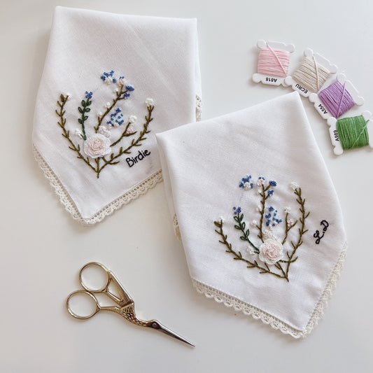3D Rose Wild Flowers Wedding Handkerchief, Custom Embroidered Handkerchief, Linen Handkerchiefs