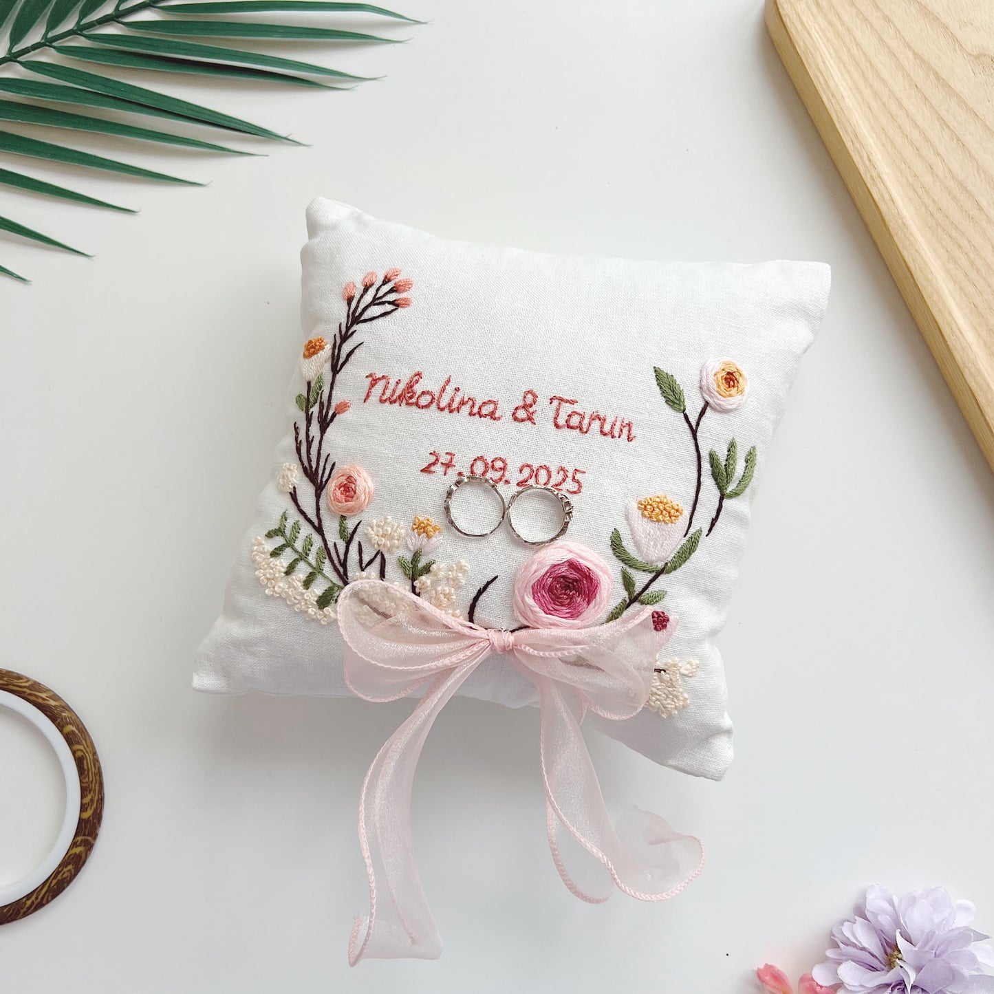 Custom Dusty Pink Roses Embroidered Ring Bearer Pillow Linen Wedding Cushion Hand Embroidery Ring Holder Floral Ring Pillow Wedding Gift