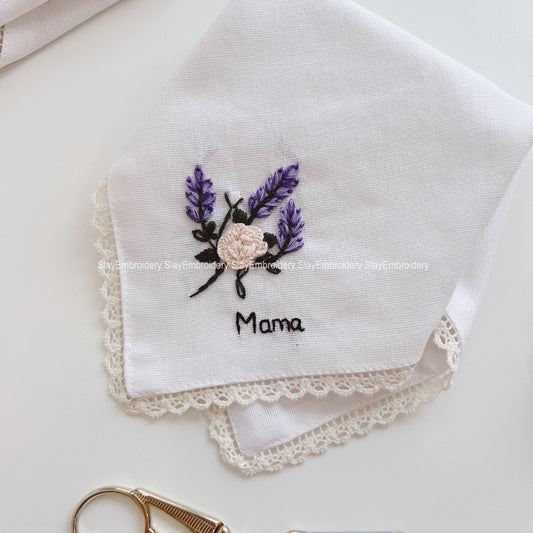Small 3D Rose Lavender Wedding Handkerchief, Custom Embroidered Handkerchief, Linen Handkerchiefs