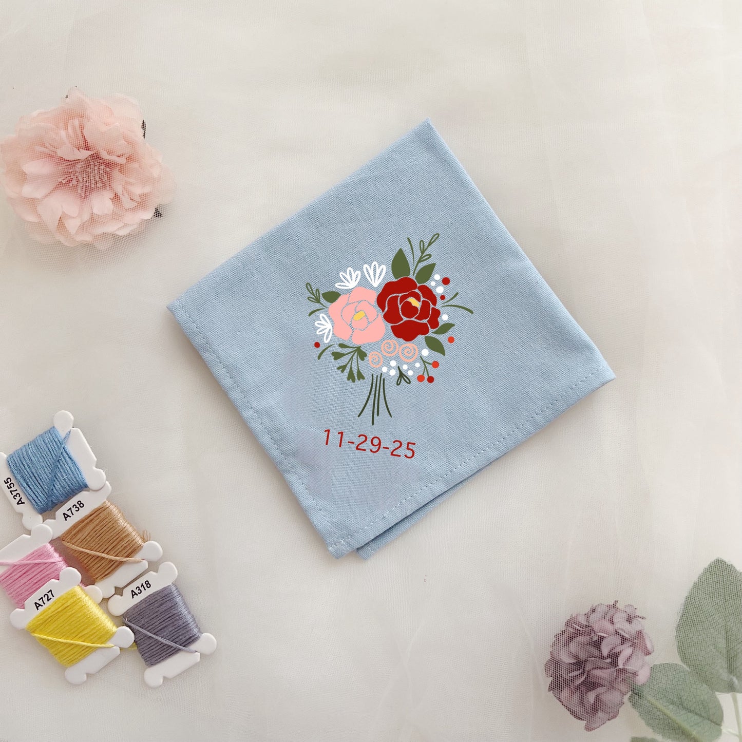 Custom Roses Wedding Handkerchief Embroidered Handkerchief, Linen Handkerchiefs