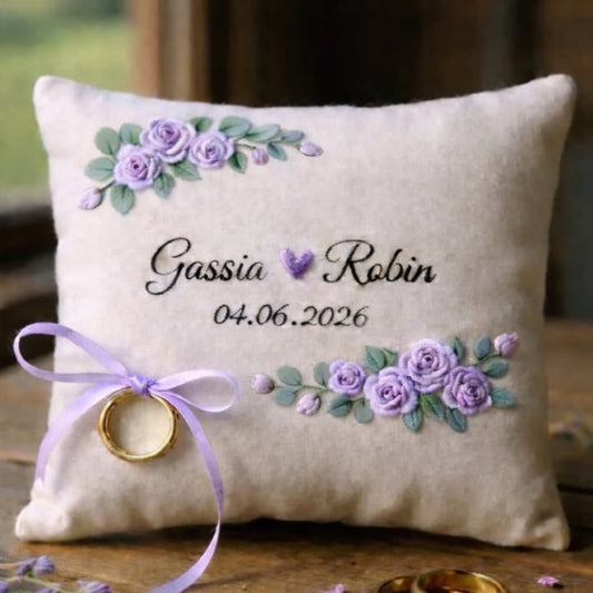 Custom Wedding Purple Roses Bearer Pillow Linen Wedding Cushion Hand Embroidery Ring Holder Floral Ring Pillow Wedding Gift