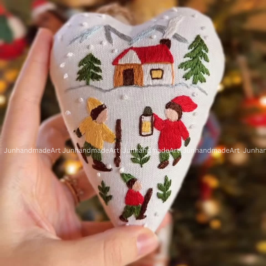 Holiday Atmosphere Heart Ornament – Hand Embroidered Linen Floral Ornament – Custom Christmas Gift Decoration