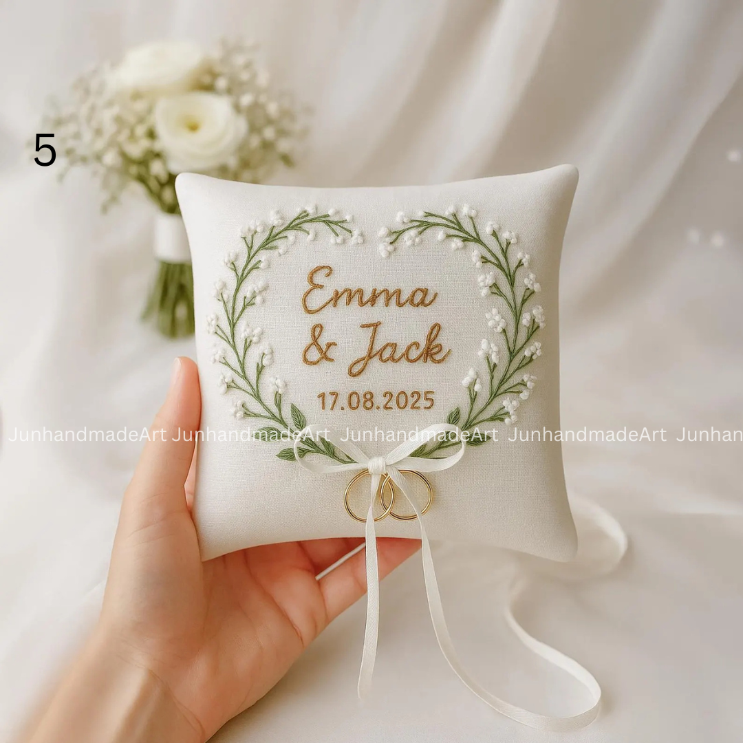 Floral Wreath Bearer Pillow Linen Wedding Cushion Hand Embroidery Ring Holder Floral Ring Pillow Wedding Gift