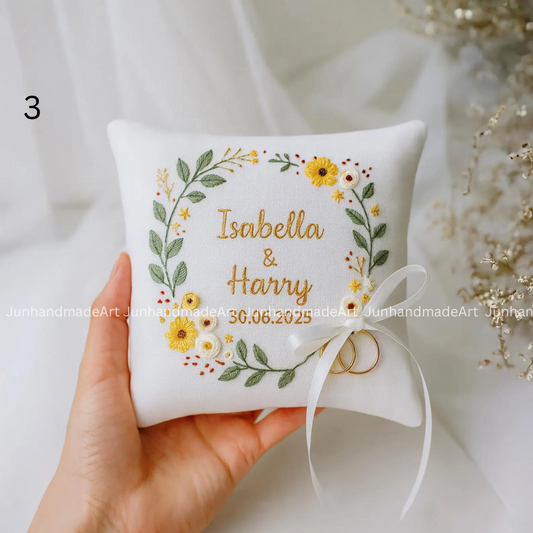 Floral Wreath Bearer Pillow Linen Wedding Cushion Hand Embroidery Ring Holder Floral Ring Pillow Wedding Gift