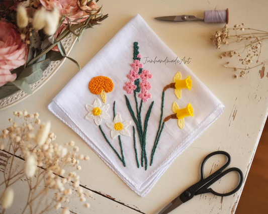 Custom Family Flower Handkerchief – Hand Embroidered Keepsake with Marigold, Gladioli, Daffodil & Narcissus – Personalized Wedding Gift