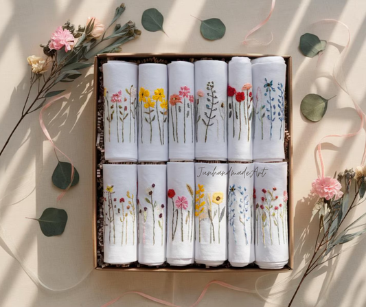 Set 12 Embroidered Linen Napkins – Wildflower Bouquet Design | 100% Linen Cloth Napkins | Wedding, Housewarming, Wedding Gift