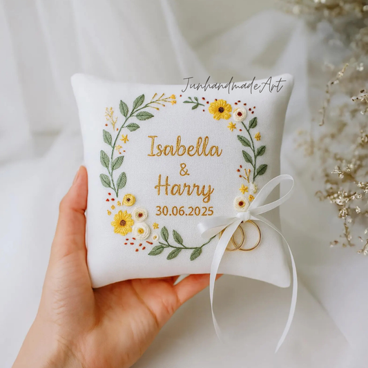 Personalized Embroidered Ring Bearer Pillow, Custom Linen Wedding Cushion, Hand Embroidery Ring Holder, Floral Ring Pillow, Wedding Gift