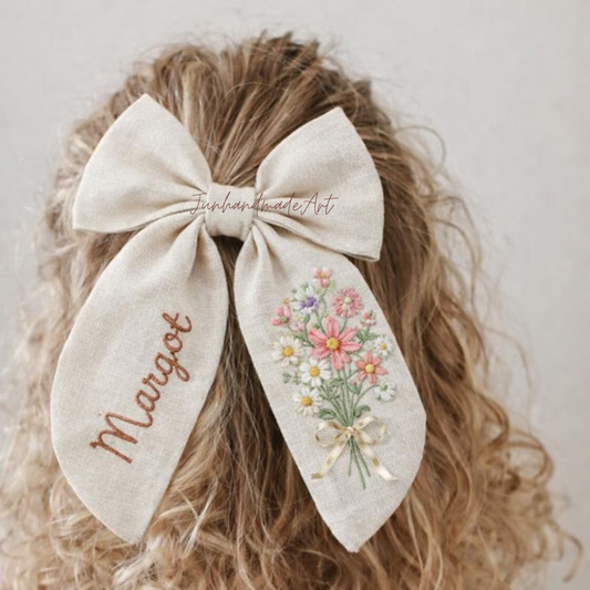 Personalized Linen Hair Bow – Hand Embroidered Flower Bow with Initial – Custom Name Text Bow for Girls, Handmade Hairpin Bow for Girl