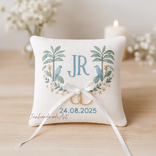 Personalized Embroidered Ring Bearer Pillow, Custom Linen Wedding Cushion, Hand Embroidery Ring Holder, Floral Ring Pillow, Wedding Gift