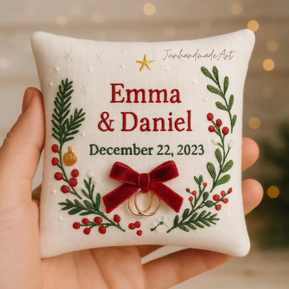 Personalized Embroidered Ring Bearer Pillow, Christmas Linen Wedding Cushion, Hand Embroidery Ring Holder Floral Ring Pillow, Christmas Gift