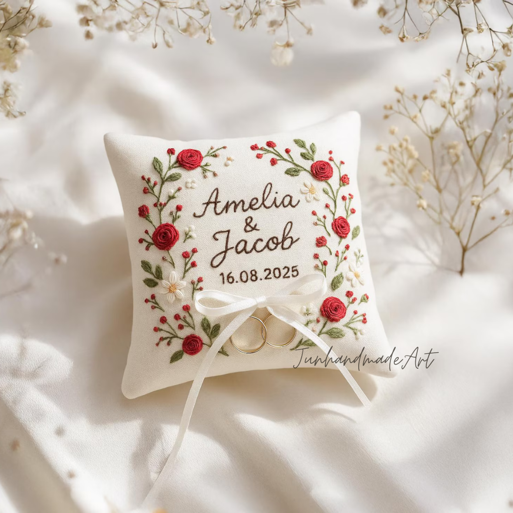 Personalized Embroidered Ring Bearer Pillow, Custom Linen Wedding Cushion, Hand Embroidery Ring Holder, Floral Ring Pillow, Wedding Gift