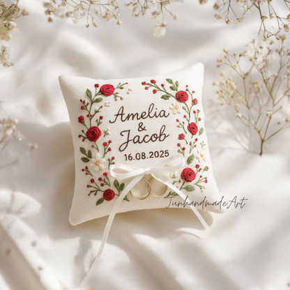 Personalized Embroidered Ring Bearer Pillow, Custom Linen Wedding Cushion, Hand Embroidery Ring Holder, Floral Ring Pillow, Wedding Gift