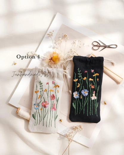 Hand Embroidered Floral Eyeglass Case, Soft Linen Glasses Pouch, Custom Sunglasses Holder Gift for Her