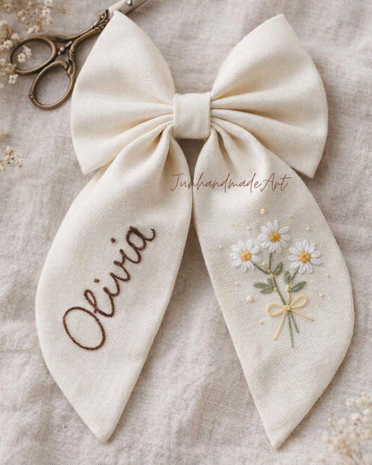 Personalized Linen Hair Bow – Hand Embroidered Flower Bow with Initial – Custom Name Text Bow for Girls, Handmade Hairpin Bow for Girl