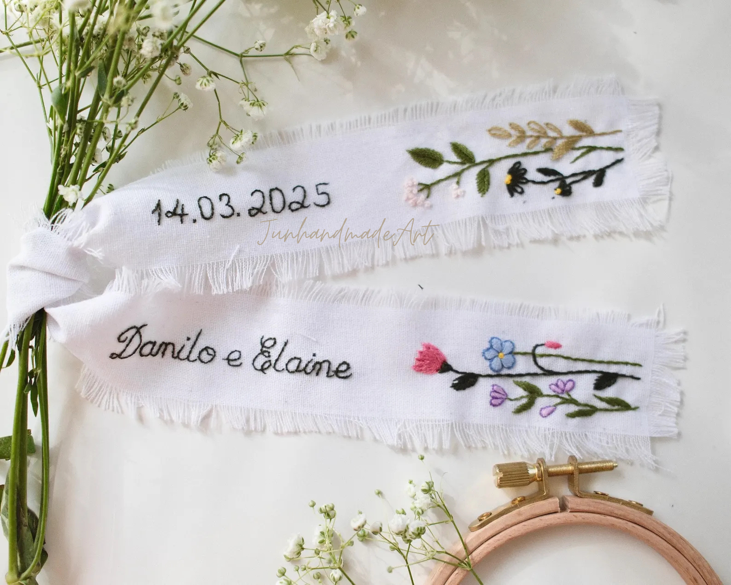 Personalized Embroidered Wedding Ribbon – Custom Linen Tie for Bouquet or Hair, Hand-stitched with Names & Date, Bridal Keepsake Gift