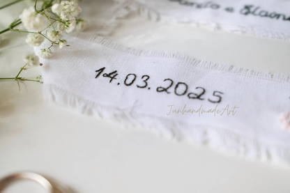 Personalized Embroidered Wedding Ribbon – Custom Linen Tie for Bouquet or Hair, Hand-stitched with Names & Date, Bridal Keepsake Gift