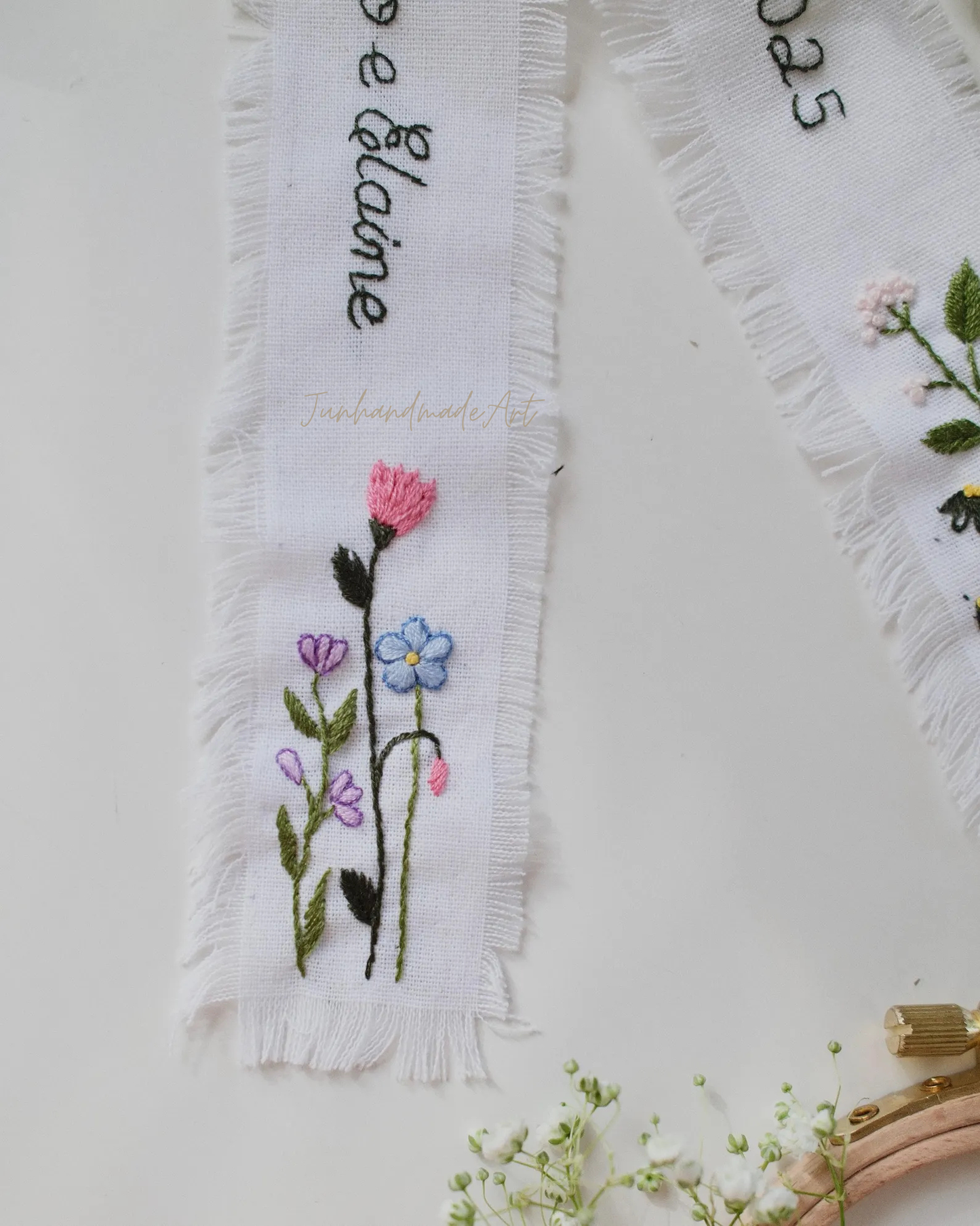 Personalized Embroidered Wedding Ribbon – Custom Linen Tie for Bouquet or Hair, Hand-stitched with Names & Date, Bridal Keepsake Gift