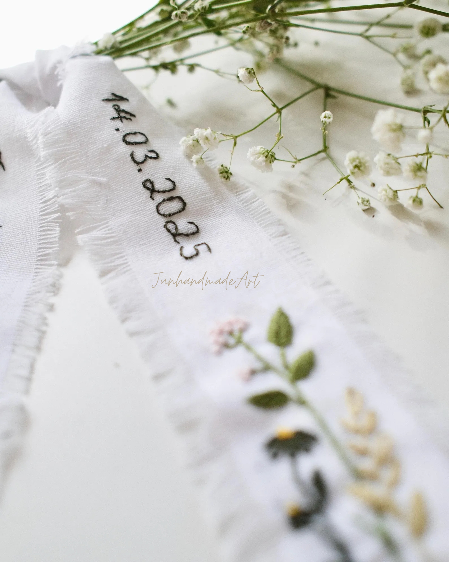 Personalized Embroidered Wedding Ribbon – Custom Linen Tie for Bouquet or Hair, Hand-stitched with Names & Date, Bridal Keepsake Gift