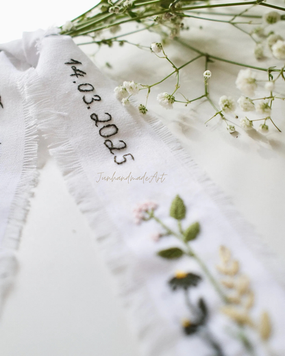 Personalized Embroidered Wedding Ribbon – Custom Linen Tie for Bouquet or Hair, Hand-stitched with Names & Date, Bridal Keepsake Gift