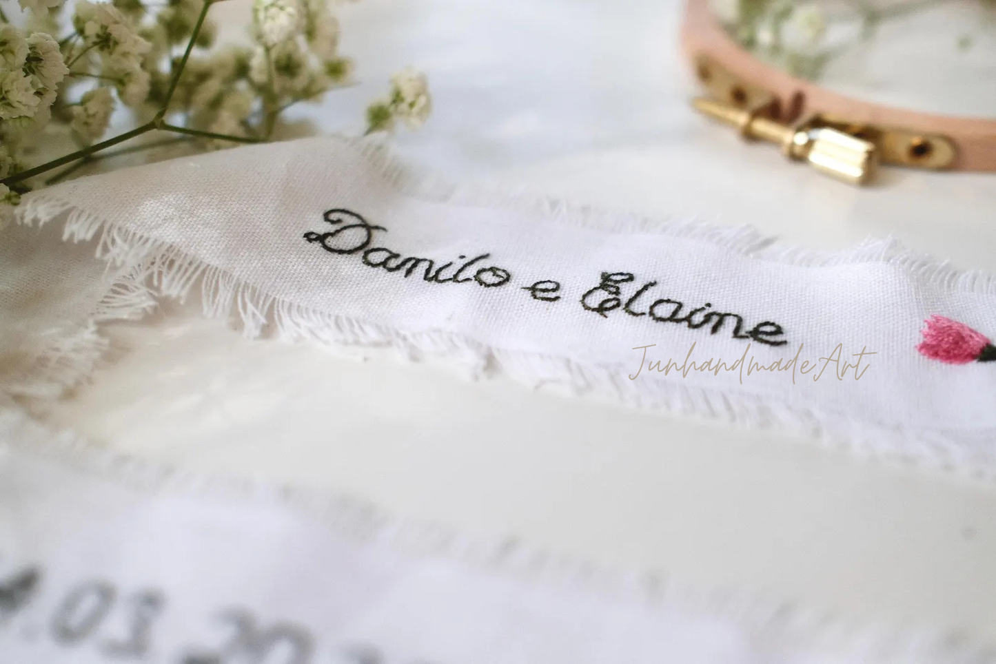 Personalized Embroidered Wedding Ribbon – Custom Linen Tie for Bouquet or Hair, Hand-stitched with Names & Date, Bridal Keepsake Gift