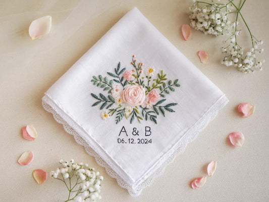 Custom Rose Bouquet Embroidery Handkerchief Kit, Embroidered Handkerchief, Linen Handkerchiefs