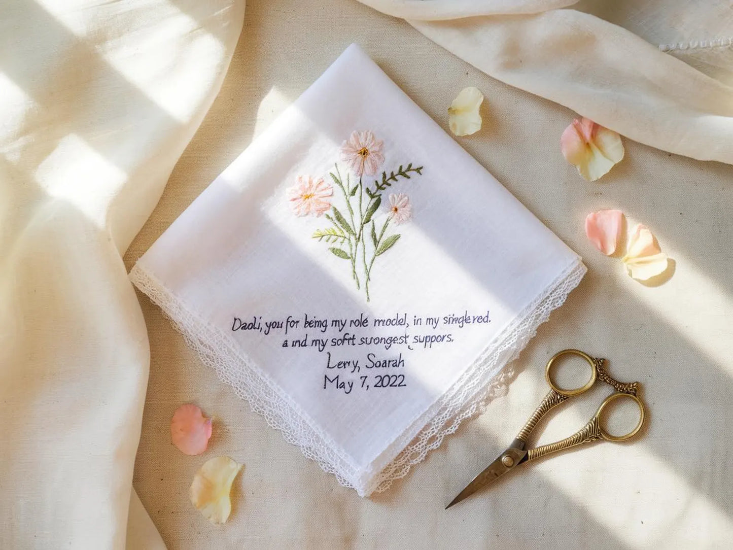Personalized Wedding Handkerchief for Bride – Custom Embroidered Linen Hankie with Name, Date, or Quote – Bride Gift, Handmade Wedding Gift