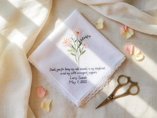 Personalized Wedding Handkerchief for Bride – Custom Embroidered Linen Hankie with Name, Date, or Quote – Bride Gift, Handmade Wedding Gift