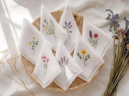Custom Embroidered Wedding Handkerchief, Ladies Embroidery Handkerchief, Linen Handkerchiefs, Personalized Women Floral Handkerchiefs Gift