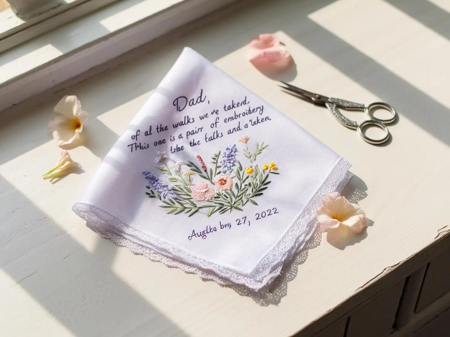 Personalized Wedding Handkerchief for Bride – Custom Embroidered Linen Hankie with Name, Date, or Quote – Bride Gift, Handmade Wedding Gift