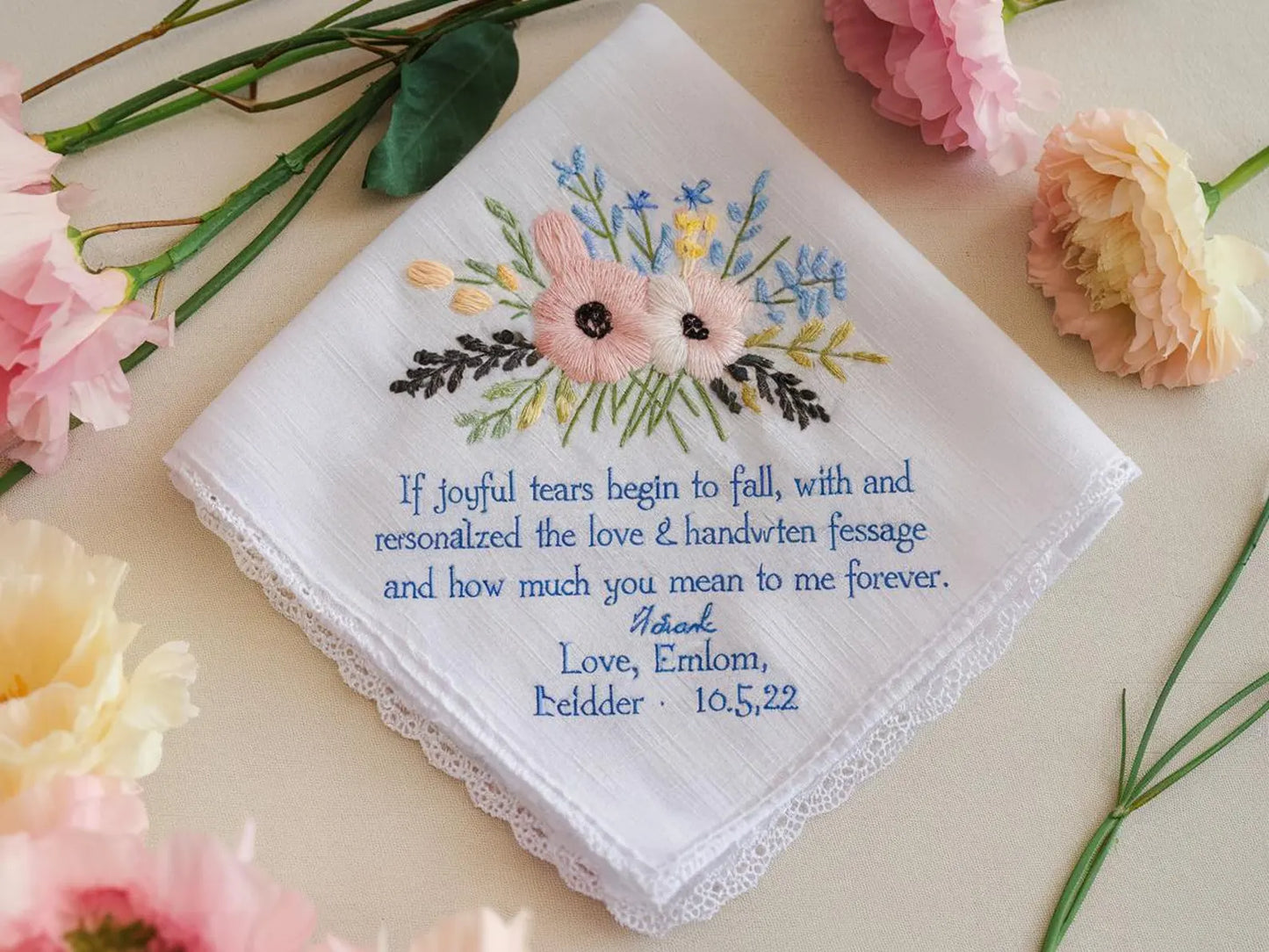 Personalized Wedding Handkerchief for Bride – Custom Embroidered Linen Hankie with Name, Date, or Quote – Bride Gift, Handmade Wedding Gift