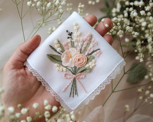 Enchanted Embroidered Wedding Handkerchief – Custom Floral Hankie for Bride, Bridal Gift, Personalized with Name & Date, Gift for Bride