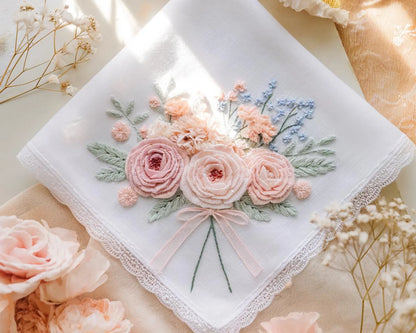 Enchanted Embroidered Wedding Handkerchief – Custom Floral Hankie for Bride, Bridal Gift, Personalized with Name & Date, Gift for Bride