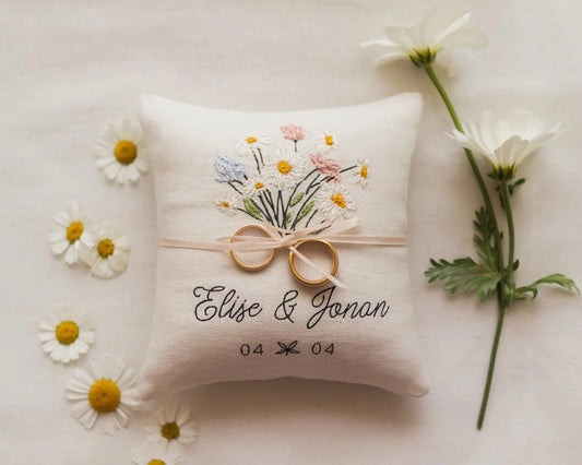 Personalized Embroidered Ring Bearer Pillow, Custom Linen Wedding Cushion, Hand Embroidery Ring Holder, Pastel Floral Ring Pillow, Wedding Gift