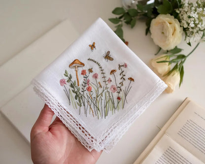 Enchanted Embroidered Wedding Handkerchief – Custom Floral Hankie for Bride, Bridal Gift, Personalized with Name & Date, Gift for Bride