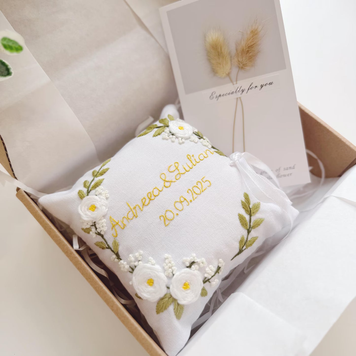 Personalized Embroidered Linen Wedding Keepsake Set: Ring Pillow & Handkerchief