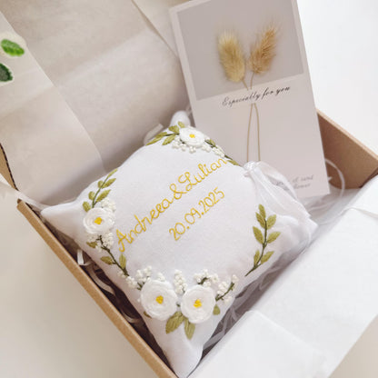 Personalized Embroidered Linen Wedding Keepsake Set: Ring Pillow & Handkerchief